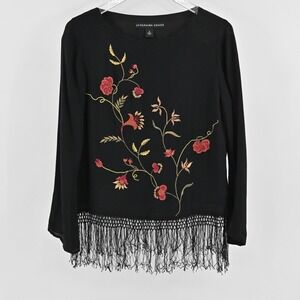 Josephine Chaus Womens Silk Top Size 8 Black Floral Embroidered Fringe Trim Boho
